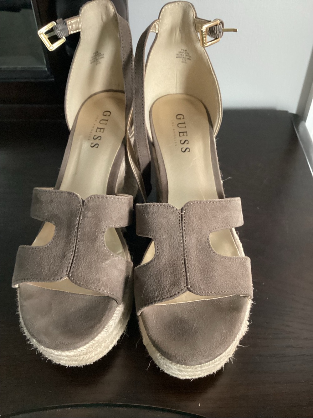 GUESS Khaki Suede Espadrille Wedge Sandals with Ankle Strap
